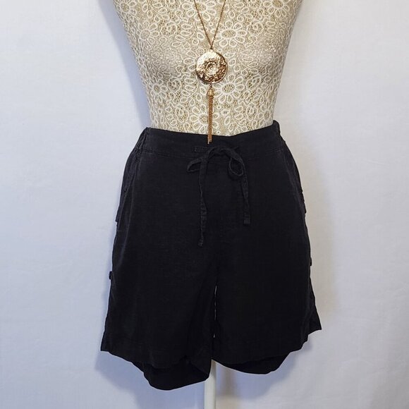 Joe Fresh Women's SP Black Pull On Linen Blend Shorts Roll Tab Hems Drawstring - Picture 1 of 14